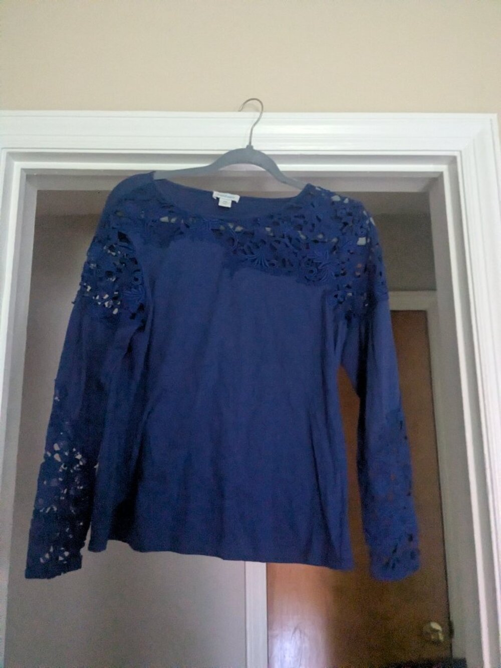 Sundance Size Medium Blue Lace Long Sleeve Boat Neck Blouse